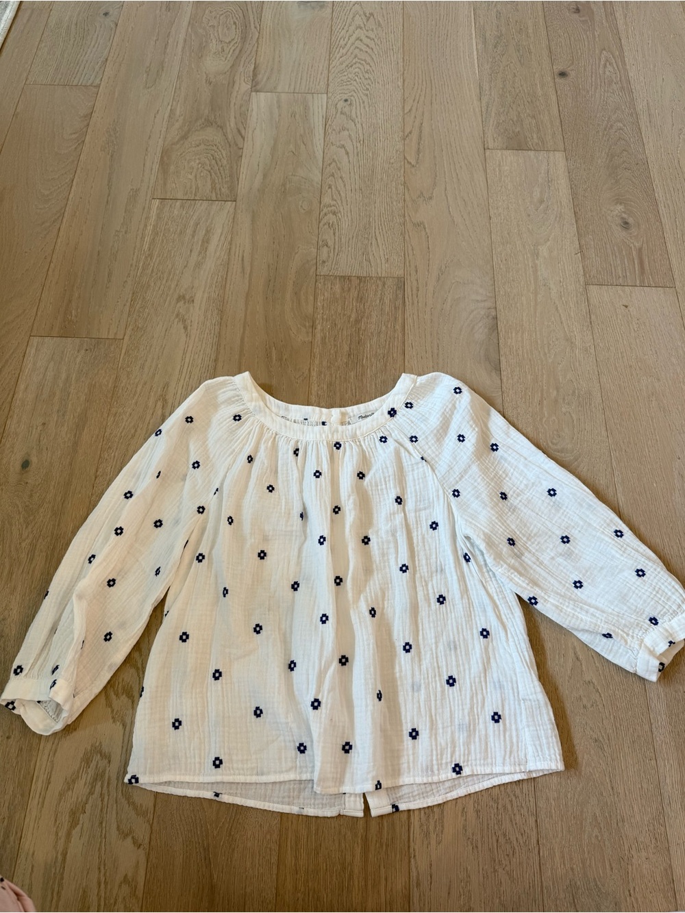 Madewell White Peasant Blouse with Navy Floral Embroidery